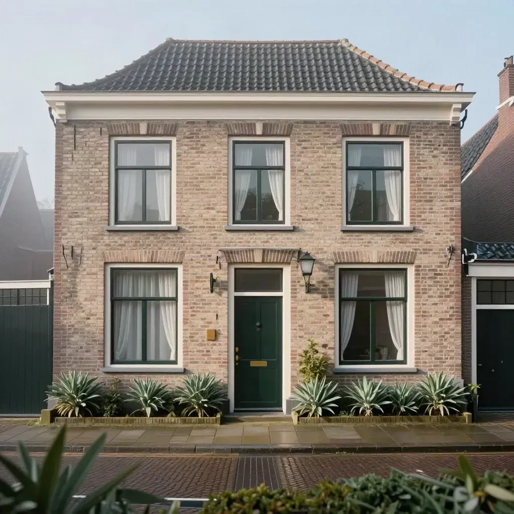 Verzorgde rijtjeshuisgevel met open gordijnen en stille voordeur in ochtendmist
