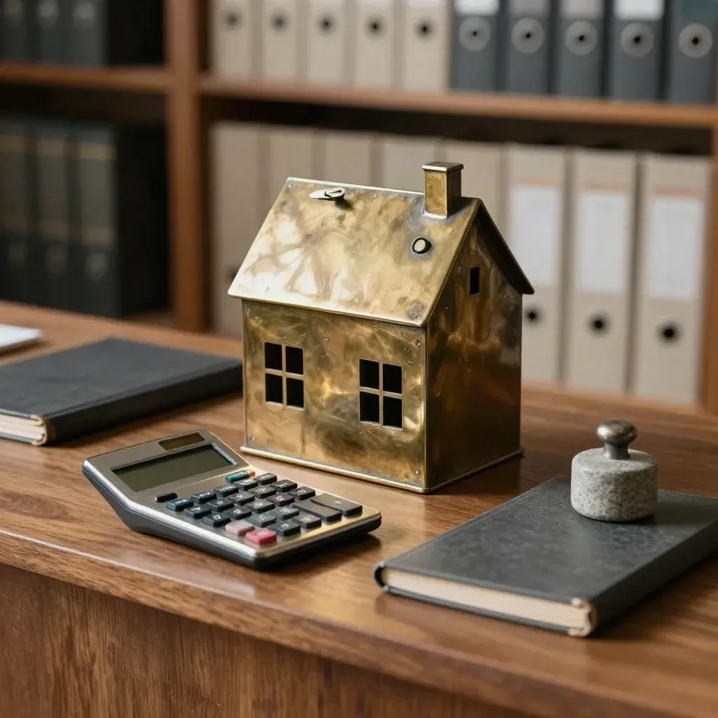 Bronzen huis, rekenmachine, dossiermap en steen op een warme houten ledge in dramatisch licht.