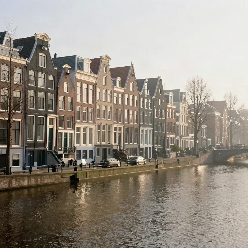 Amsterdamse grachtengordel met stille gevels, hoge daken en mistig water bij ochtendlicht