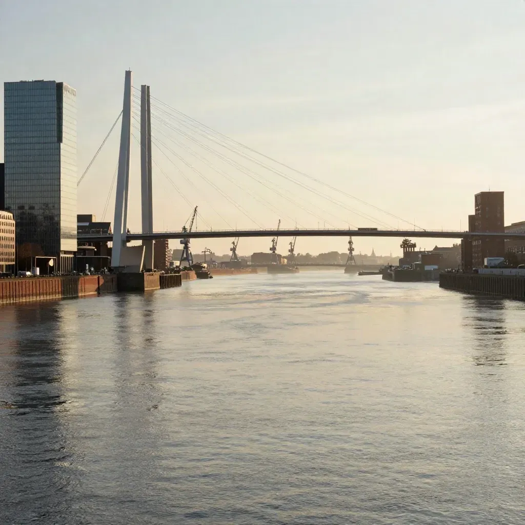 Luchtig panorama van de Erasmusbrug boven de Rotterdamse rivier met mist en zacht water.